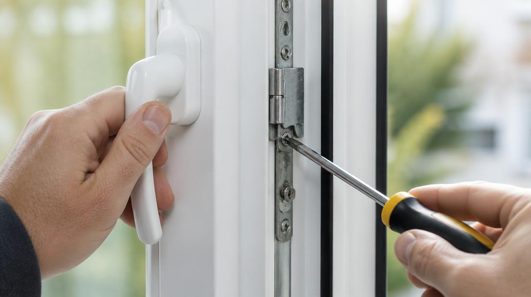 Close-up of a window handle and hinge being adjusted during a repair